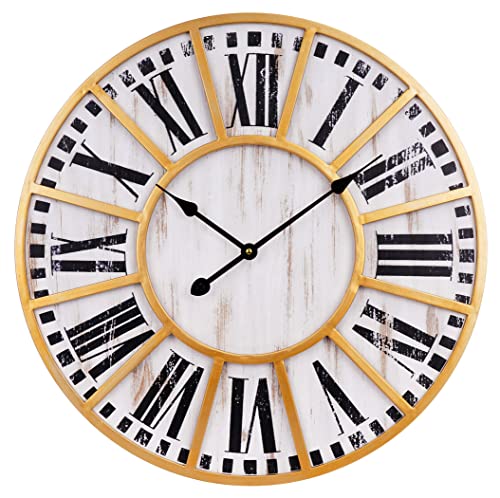 Old Oak Rustic Gold Metal Frame & White Wood Silent Non-Ticking Decorative Wall Clock (23.5-Inch) #TOP13