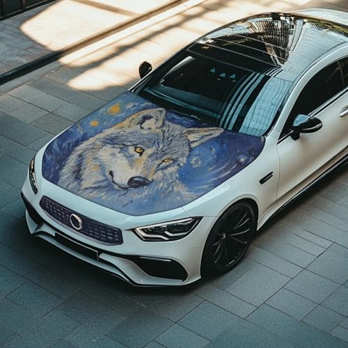 Image of Oil Painting Wolf Car Hood Cover Weatherproof Automotive Exterior Accessories Universal Fit Hood Covers for Cars, Trucks, SUV, or Van Full Coverage with Elastic Band