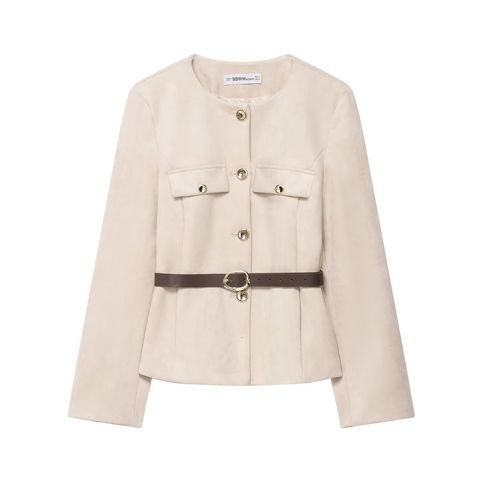 Womens Office Casual Faux Suede Belted Suit Jacket Round Neck Button Front with Decorative Pocket Flaps