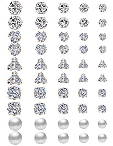 Stainless Steel Stud Earrings for Women 25-50 Pairs Mens Surgical Steel Earrings Hypoallergenic Cubic Zirconia Earring 4-8 mm (Gold post studs)