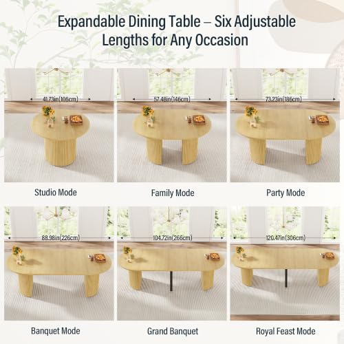 Image of weselon 42 inch-120 inch Extendable Dining Table for 4-14, Expandable Oval Dining Room Table with Fluted Pedestal Base & Reinforced Metal Support Leg, Extra Large Modern Kitchen Table (Natural)