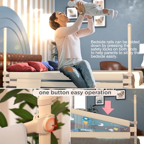 Image of BAYBEE Baby Bed Rails Guard (180x63 cm), Bedrail for Baby Kids Safety, Portable Bed Rail Falling Protector Fence with Adjustable Height, Foldable Bed Rails for Newborn Baby Kids, Pack of 2 (Beige)