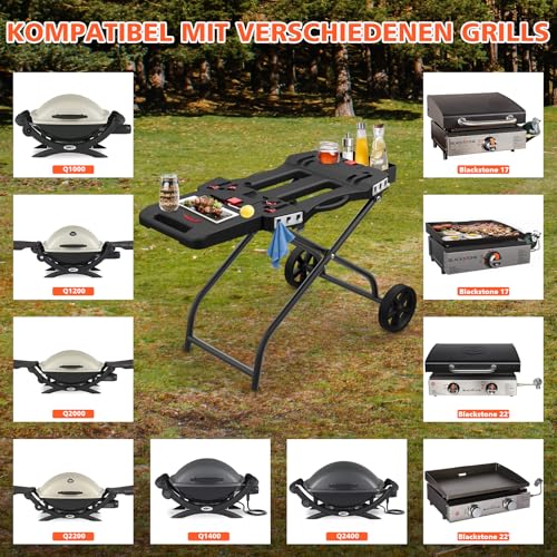 Denmay Tragbarer Grillwagen mit Rad für Weber Q1200, Q1000, Q2200, Q2000 Serie, für Blackstone 43CM 56CM Tischgrillplatten, Faltbarer Grillwagen, Grillständer für draußen