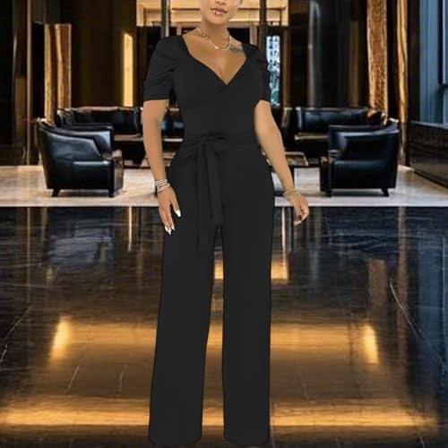Image of PaladMom Womens Elegant Plus Size Jumpsuits Sexy Back zipper Short Sleeve Mid Waist Wide Leg Straight Rompers