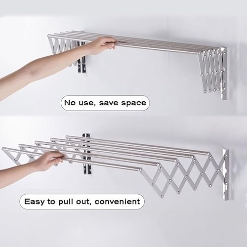 Miniatura 7 de Estante de secado de ropa montado en la pared de acero inoxidable para 5 bares, estante de secado expandible, ahorro de espacio para lavandería,