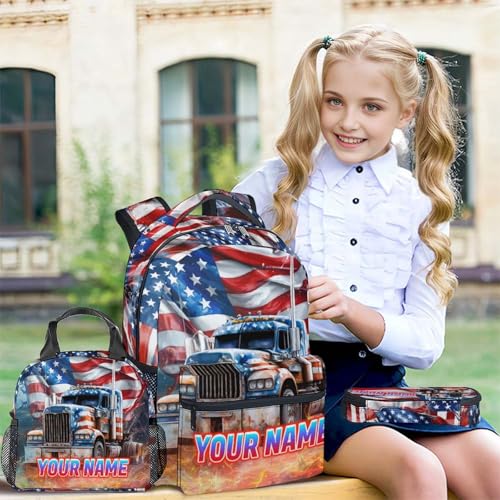 Personalized Backpack Sets for Kids - Set of 3 Truck Cool Schoolbag Matching Combo - Boys Preschool Bookbag and Pencil Case Bundle3