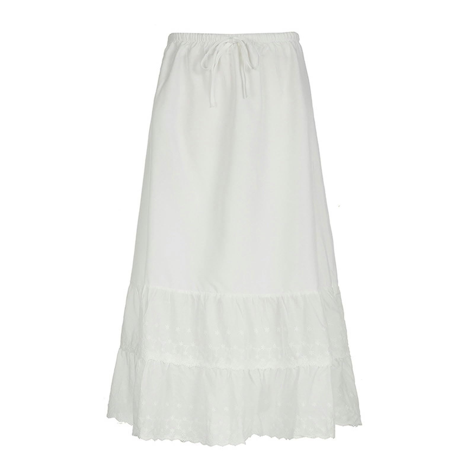 Falda Larga con Cordones Estilo niña Dulce Falda básica Sencilla de Punto-Blanca-M