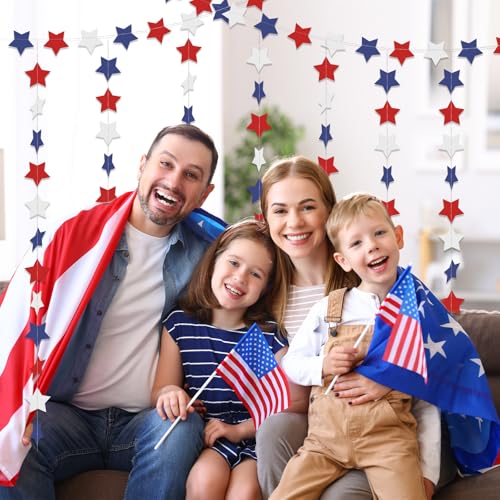 Image of 6 Pack Total 60 ft Patriotic Red White Blue Star Garland, Hanging Paper Stars Streamer Banner, USA American Flag Decoration for 4th of July, Memorial Day, Veterans Day, Independence Day Party Supplies