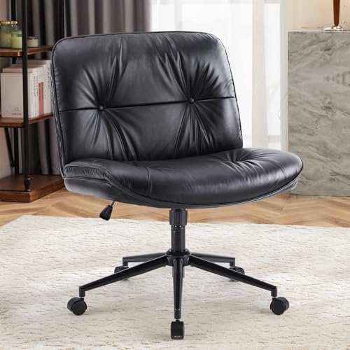 OLIXIS Criss Cross Chair with 360° Swivel Wheels Armless Wide Cross Legged Vanity Office Desk Chair with Comfy PU Leather& Back - Swivel for Home Office Bedroom Study, Black