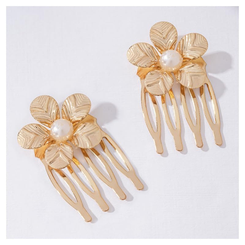 Hair Drama Co Gold Blossom Pearl Hair Comb | Blossom Pearl Hair Comb for Women Stylish | Hair Comb Clip | Bridal Hair Bun Accessories for Wedding & Party | Floral Hair Comb | Set of 2