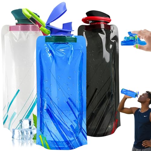 3 Pezzi Borraccia Pieghevole - Borraccia Morbida 700ML con Moschettone, Riutilizzabile per Running, Trekking, Viaggi, Palestra, Camping, Ciclismo e Concerti, Bottiglia Flessibile Anti-Goccia Senza BPA