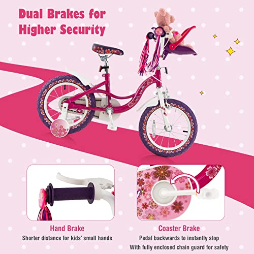 Image of BABY JOY Retro Kids Bike, 12 14 16 18 Inch Child Bike for 3-8 Years Old w /Rattan Basket, Adjustable Height, Training Wheels, Fenders, Handbrake Coaster Brake, 95% Pre-Assembled Kids Bicycle for Girls