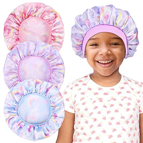 Image of 3 Pieces Baby Bonnet Kids Unicorn Silk Bonnet Wide Elastic Band Sleeping Cap Night Hair Hats for Teens Toddler Child