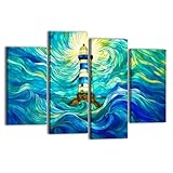 Canvas Wall Art for Bedroom 4 Panels Stained Glass Lighthouse Flowing Waves Radiant Light Framed Art Prints Wall Decor for Bathroom Ready to Hang Western Home Decor Office Bar