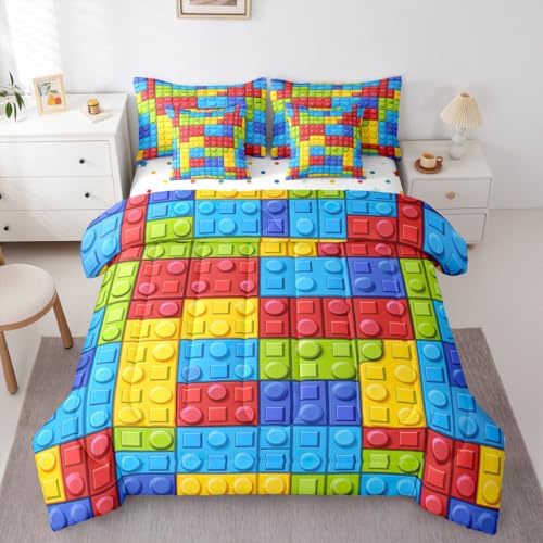 Image of Feelyou Colorful Toy 7 Piece Bedding Set Teen Women Men Funny Building Blocks Decoration Comforter Set with Sheets King Size Kids Boys Colorful Geometric Brick Bed in a Bag Cute Games Room Decor