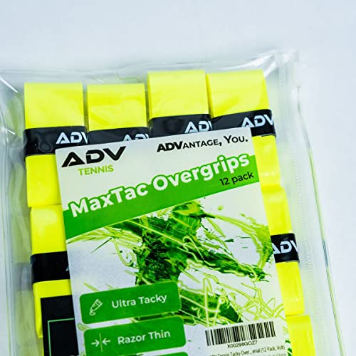 Adv Maxtac Tacky Tennis Racket Grip Tape - Extremely Sticky Tennis Overgrips - Non-Slip, Razor-Thin & Easy To Use Pro Volt Yellow Tennis Grip Tape - 12-Pack #TOP1