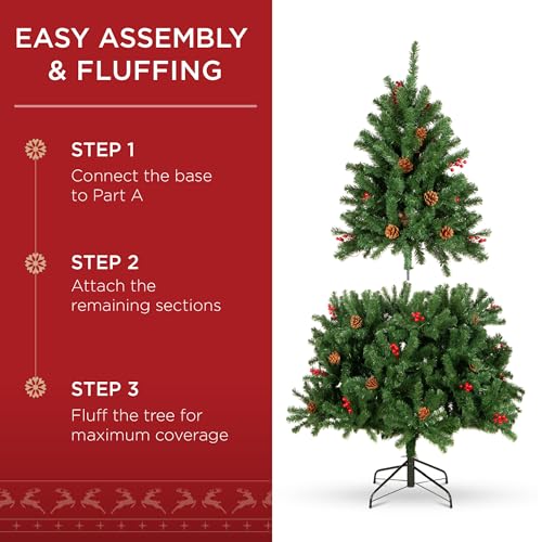Image of Best Choice Products 4.5ft Pre-Lit Pre-Decorated Artificial Christmas Tree Spruce w /Twinkling LEDs Pinecones, Berries, 150 Lights, w / 398 Tips