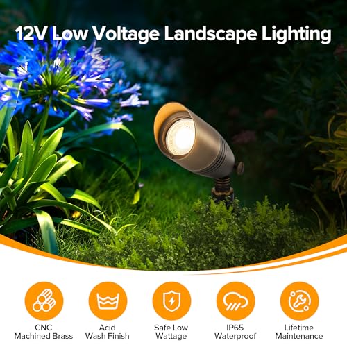 Image of LUTEC Solid Brass Low Voltage Landscape Lighting, 12V Heavy Duty Waterproof Landscape Spotlights Bronze, Wired Uplights Outdoor Fixtureswith ABS Spike, Garden Yard Pathway Tree with MR16 Bulb
