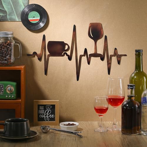 Blulu Heartbeat Coffee and Wine Bar Sign 15.75 x 9.04 Inch Rustic Copper Metal Wine Art Wall Decor Wall Hanging for Farmhouse Kitchen Home Bar Cafe Decor