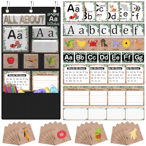Humyoun 18 x 33 Inch All About Letter Pocket Chart with 169 Cards Back to School Letter of The Day and Week Activity Alphabet Pocket Chart Practice Sounds and Reading for Classroom(Eucalyptus)