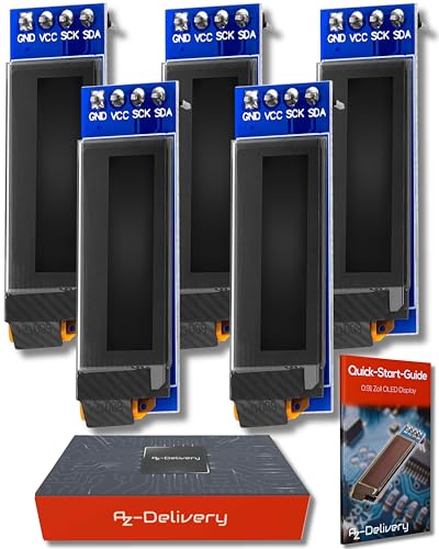 AZDelivery 5 x 0,91 Pulgadas OLED Display I2C SSD1306 Chip 128 x 32 Pixeles I2C Modulo Visualizacion de Pantalla con Caracteres Blancos Compatible con Arduino y Raspberry Pi con E Book Incluido!