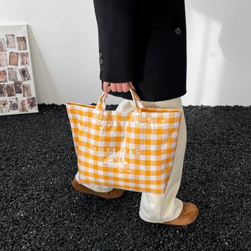 Image of Lushandy Striped PVC Tote Bag for Women, Waterproof Plastic Tote Bag for Beach Pool Large Top Handle Travel Hobo Handbag | Waterproof Material