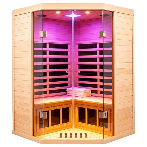Smart Indoor Sauna 2-3 Person, 0-5mG Ultra Low Emf Far Infrared Sauna for Home, 1520w Hemlock Wooden Sauna Room with APP & LCD Control Panel, Bluetooth Speaker, Chromotherapy Lights, Thermal Cover
