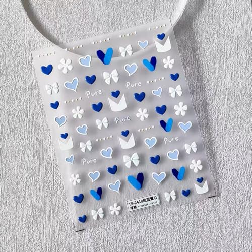 Image of Heart Nail Art Stickers 5D Embossed Nail Decals Blue White Self Adhesive Bow Nail Sticker for Nails Art Design for Women Girls Flower Supplies Manicure Decorations Accessories
