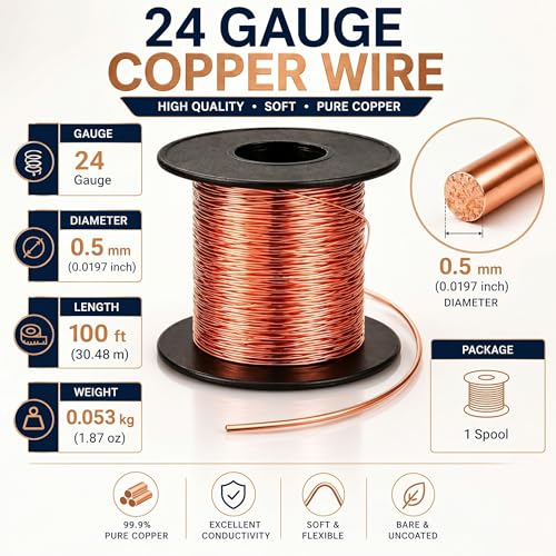 Image of Therwen 100ft 24 Gauge Copper Wire for Gardening, Electroculture, Bonsai, Jewelry Making Beading DIY Craft Pure Bare Copper Wire Spool