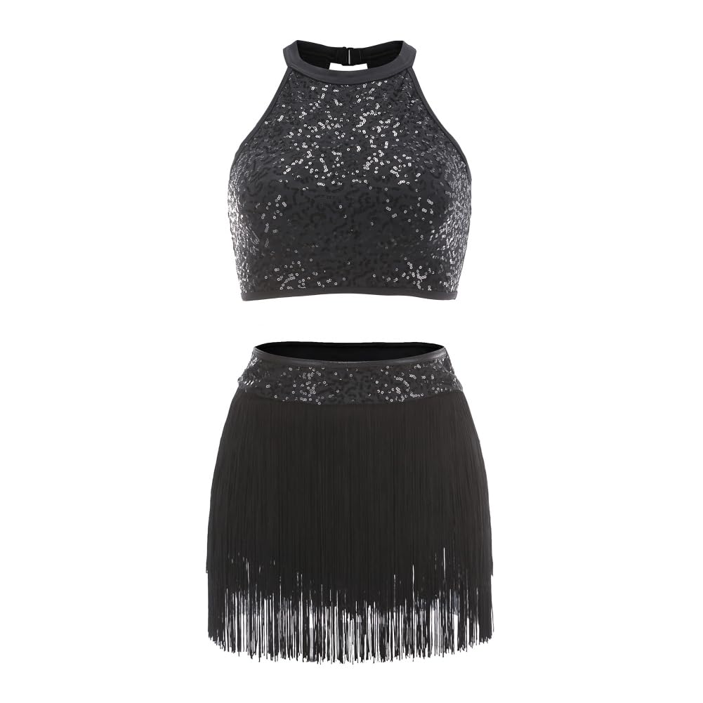 Valcatch Belly Latin Dance Dress for Womens Girls Sleeveless Sequins Crop Top + Glitter Fringe Skirt 2 Piece Outfits Black