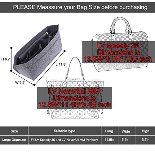 Doxo Purse Organizer Insert Handbag&Tote Felt with Bag Fits for Speedy and Neverfull & Base Shaper 2pc Set (Large- Gray-Combination) - Thumbnail 4