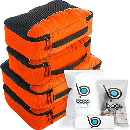 Bago Packing Cubes for Suitcases & Travel Bags - 7Pcs Luggage & Suitcase Organizer Bags Set - Compression Packing Cubes for Travel Organizer - 4 Travel Cubes plus 3 Zip Bags (Orange)