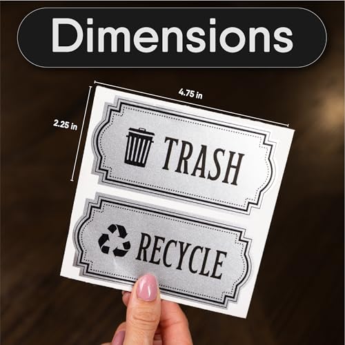 Image of Recycle and Trash Stickers for Trash Cans - Metallic Vinyl Recycling Bin Labels - 2 Pack - 4.75 inch by 2.25 inch Decals Logo - Waste Signs for Home Kitchen or Office Bins Indoor /Outdoor Use