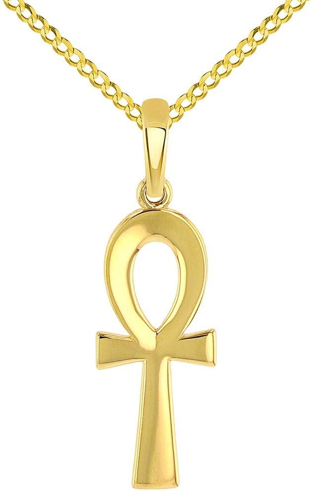 Solid 14k Yellow Gold Plain and Simple Egyptian Ankh Cross Pendant with Cuban Chain Necklace