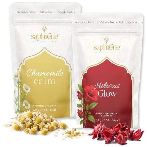 Image of Saphrene Chamomile Tea & Hibiscus Tea Combo - 50g Each | Calm & Glow Ritual | Sleep + Skin Wellness | Caffeine-Free | NABL Lab Tested