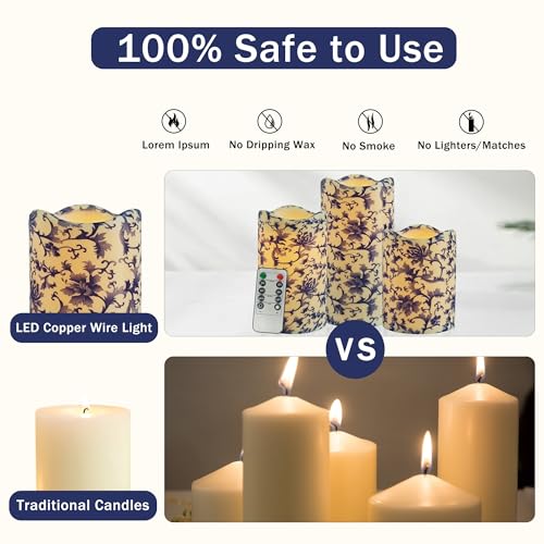 Image of Remote Flameless Candles 4 inch 5 inch 6 inch - Set of 3 Blue and White LED Pillar Candles Wave Top Plastic Battery Operated with Timer for Home Wedding Holiday Decor Indoor Outdoor,PLT3P-BW
