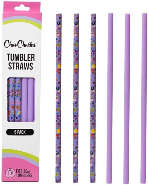 CharCharms 11 inch Tumbler Straws - Pack of 6 Sticker Print Replacement Straws for 30oz Tumbler with 10mm Diameter, BPA Free, Dishwasher Safe & Reusable Plastic Drinking Cup Straw