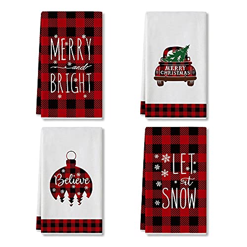 Artoid Mode Red and Black Buffalo Plaid Christmas Ornament Car Tree Kitchen Towels and Dish Towels, 18 x 28 Inch Winter Holiday Ultra Absorbent Drying Cloth Tea Towels for Cooking Baking Set of 4