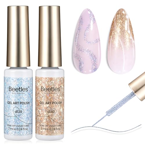 Image of Beetles Silver & Golden Nail Art Gel Liner 2 Pcs Reflective Glitter Gel Nail Polish Soak Off Uv Lamp for Thin French Line Nails Manicure Nails Art Brush Paint