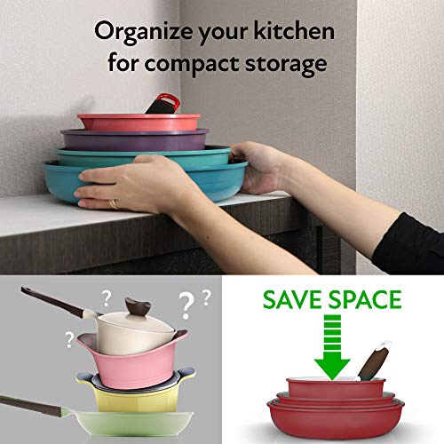 Neoflam Midas PLUS 9pc Nonstick Ceramic Cookware Set, PFOA Free Kitchenware with Saucepan, Frying Pan, Stove|Oven Pot, Tempered Glass Lids and Smart Detachable Handle, Oven Safe, Space-Saving, Red - Thumbnail 3