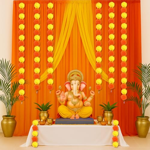 Image of Indian Pooja Backdrop Decoration Items 7x5ft Diwali Backdrop 5 Artificial Marigold Garland Set Mehndi Home Decorations for Janmashtami, Varalakshmi, Haldi, Puja, Ganesha Party Decor