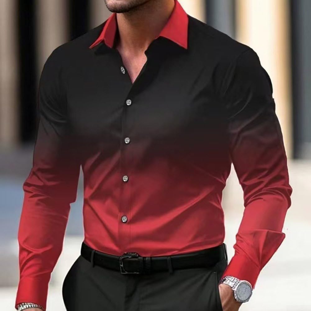Camicia da uomo casual da lavoro con maniche lunghe e stampa 3D stile sfumato (3XL rosso)