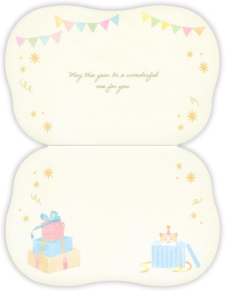 Nuby, Inc. Birthday Card, Fluffy, Birthday Cat, Western Shape No. 2 Envelope, Gold Leak, Die Cut, Animal, Animal, Cat, Brown, Brown