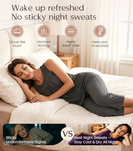 Image of NACHILA Pajamas for Women-Viscose Made from Bamboo, Sleeveless Pjs Tank Top Capri Pants Pajama Sets Cooling Sleepwear