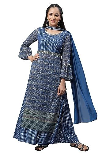 Image of Aurelia Women's Bright Blue Polyester Straight Kurta, Palazzos, Dupatta Suit Set