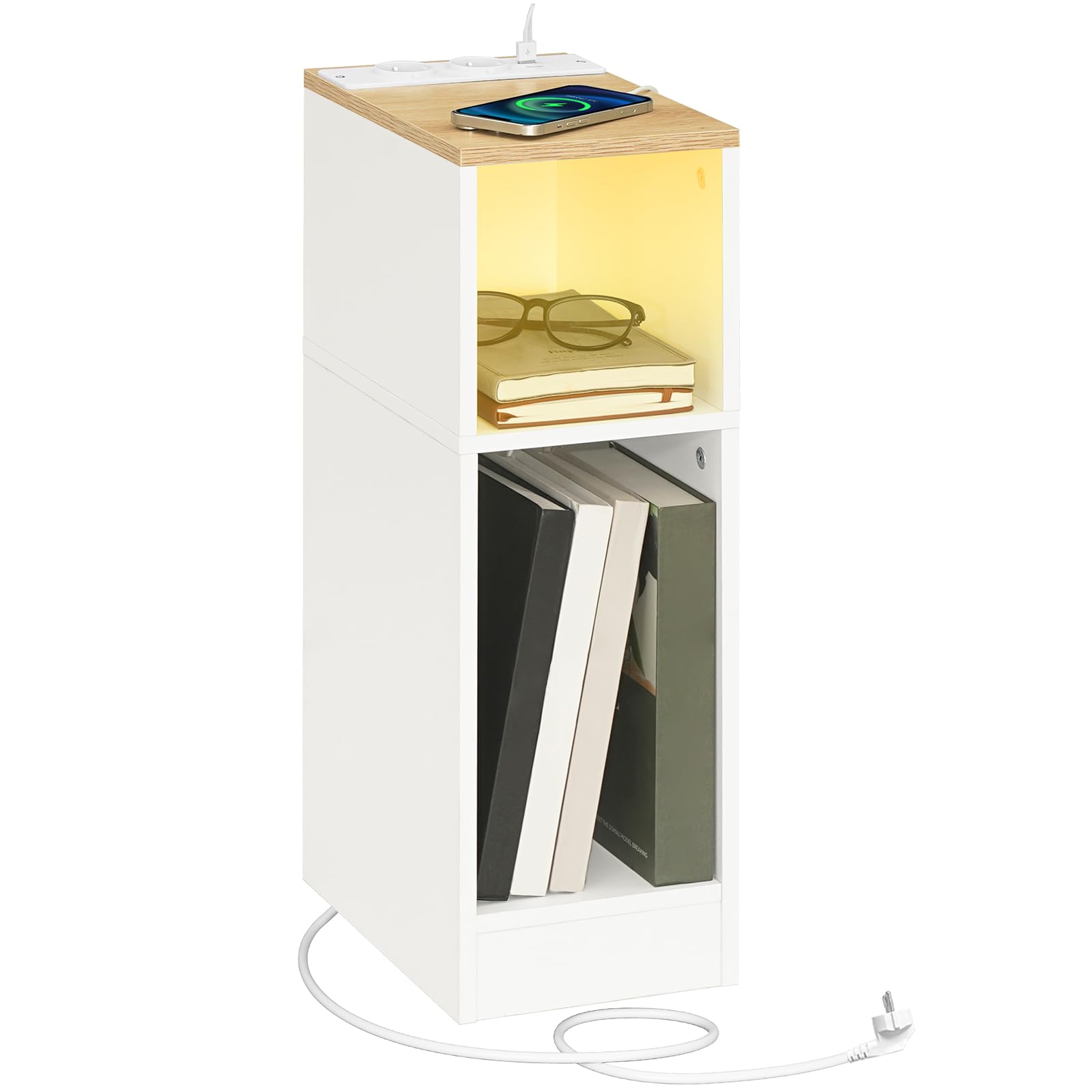 MAHANCRIS Beistelltisch mit Ladestation, Nachttisch mit Sensor-LED-Licht, Couchtisch, für Kleine Räume, Wohnzimmer, Schlafzimmer, Braun und Weiß AETNW25UE01