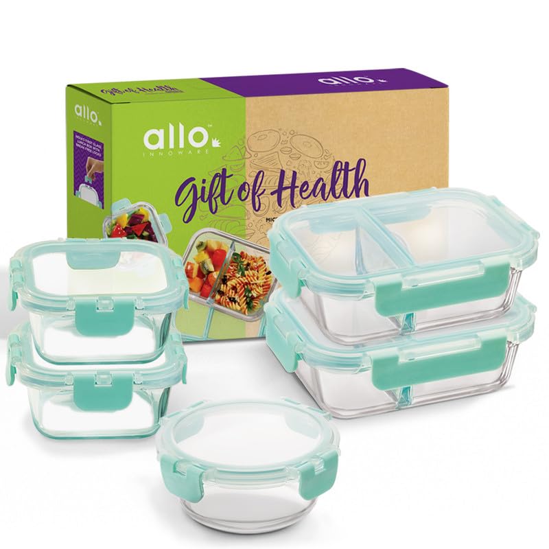 Allo Juego de regalo apto para alimentos, 5 piezas (2 separadores rectangulares de 580 ml, 2 cuadrados de 310 ml, 1 redondo de 390 ml) | Recipiente de vidrio apto para horno a 450 °C con cerraduras