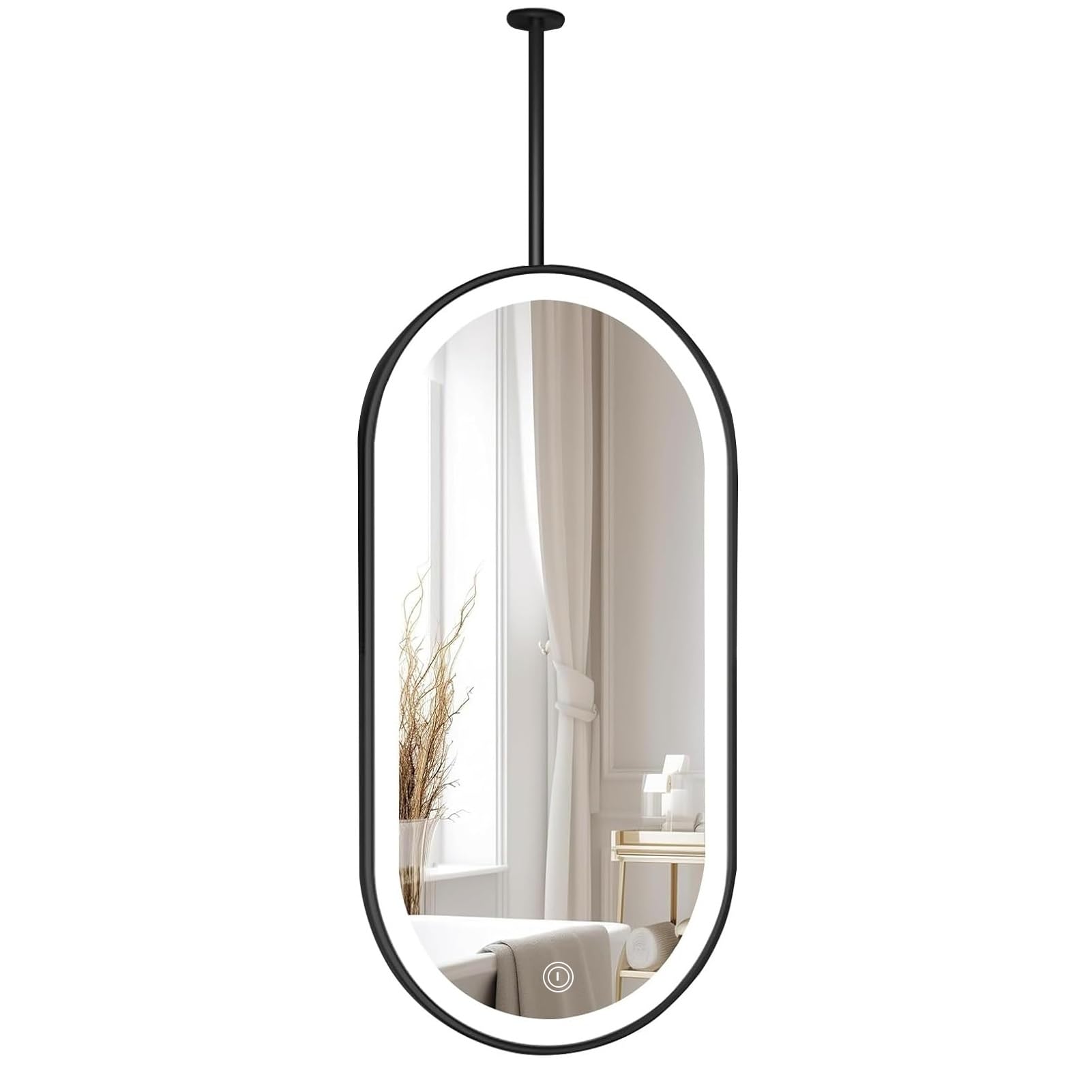 FGXHHS Ceiling Mounted Mirror with LED Light (3 Colors Dimmable Light) Suspended Corridor Bathroom Black Oval Mirror(40cmx70cm)