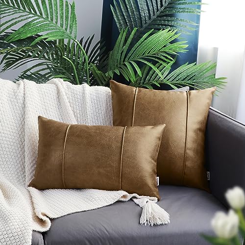 Image of BRAWARM Taupe Leather Throw Pillow Covers 16 X 16 Inches - Faux Leather Pillow Cover with Piping, Hand Stitched Leather Throw Pillow for Couch Sofa Bed Living Room Home Decorative