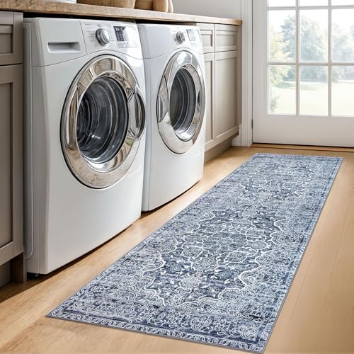 KUTA Vintage Washable Runner Rug, 2x6 Blue White Runners for Hallways Non-Slip Kitchen Rugs Ultra Soft Printed Distressed Floral Floor Carpet for Laundry Bedroom Living Room Nursery